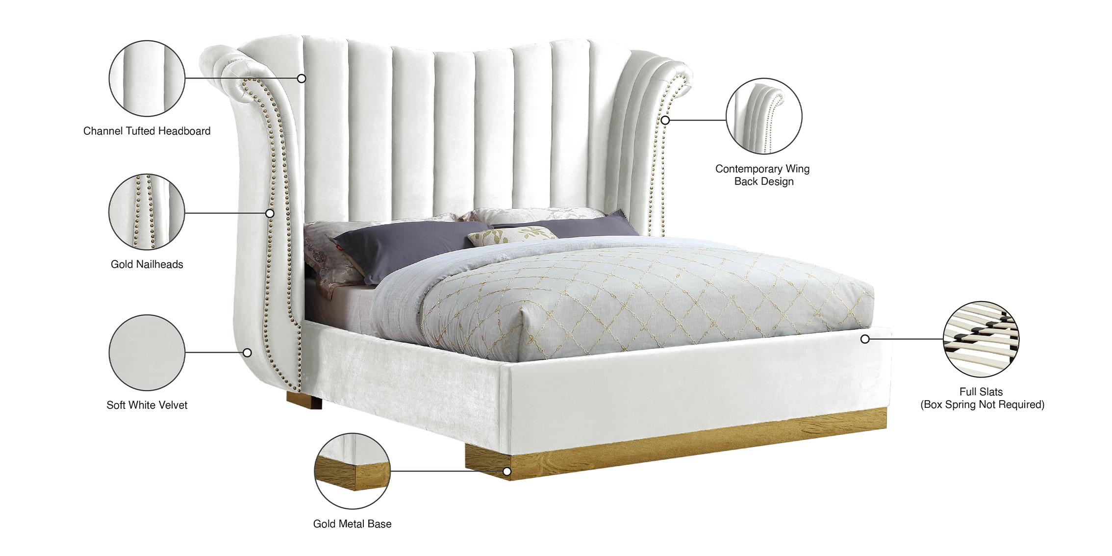 

        
Meridian Furniture FLORA FloraWhite-Q Platform Bed White/Gold Velvet 704831400120
