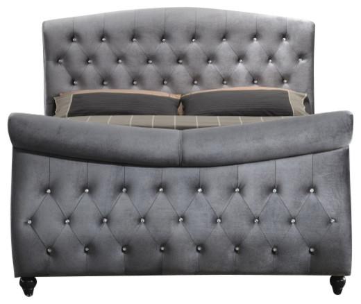

    
Meridian Furniture Hudson Grey Finish Velvet Crystal Tufted Queen Sleigh Bed
