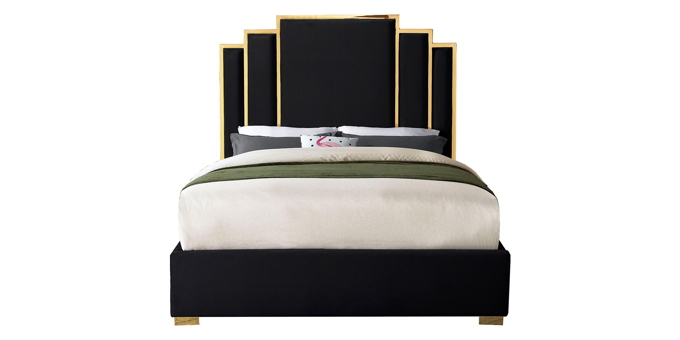 Contemporary Platform Bed HUGO HugoBlack-Q HugoBlack-Q in Gold, Black Velvet