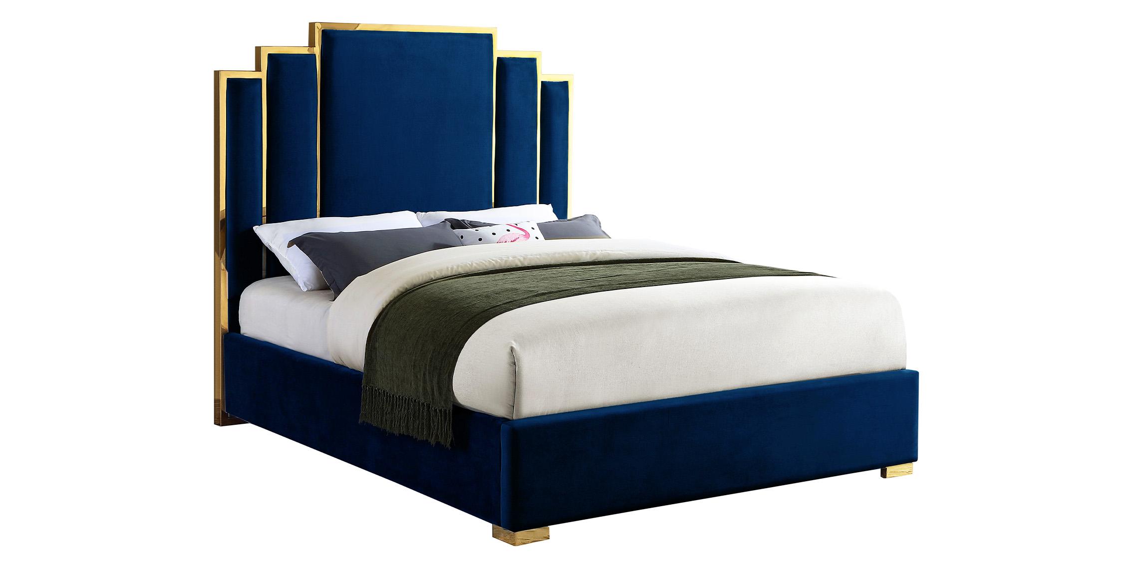 

    
Navy Velvet & Polished Gold Metal Queen Bed HUGO Meridian Contemporary Modern

