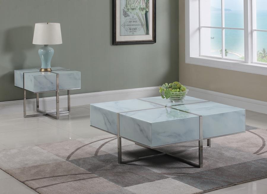 

    
Meridian Furniture Logan Modern Glass Marble Top Chrome Base Coffee & End Table
