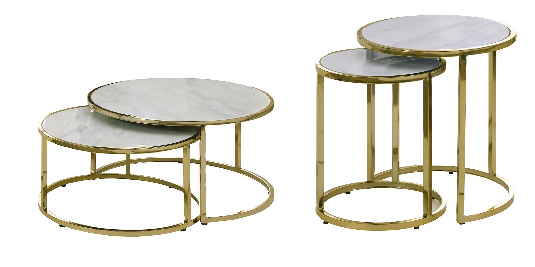 Contemporary Coffee Table Set MASSIMO207-C-Set-2 207-C-Set-2 in White, Gold Faux Marble