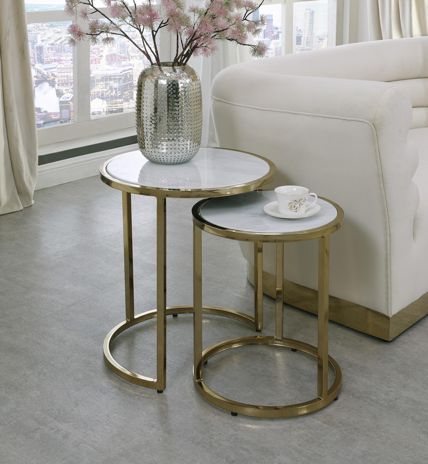 

        
Meridian Furniture MASSIMO207-C-Set-2 Coffee Table Set White/Gold Faux Marble 704831406245
