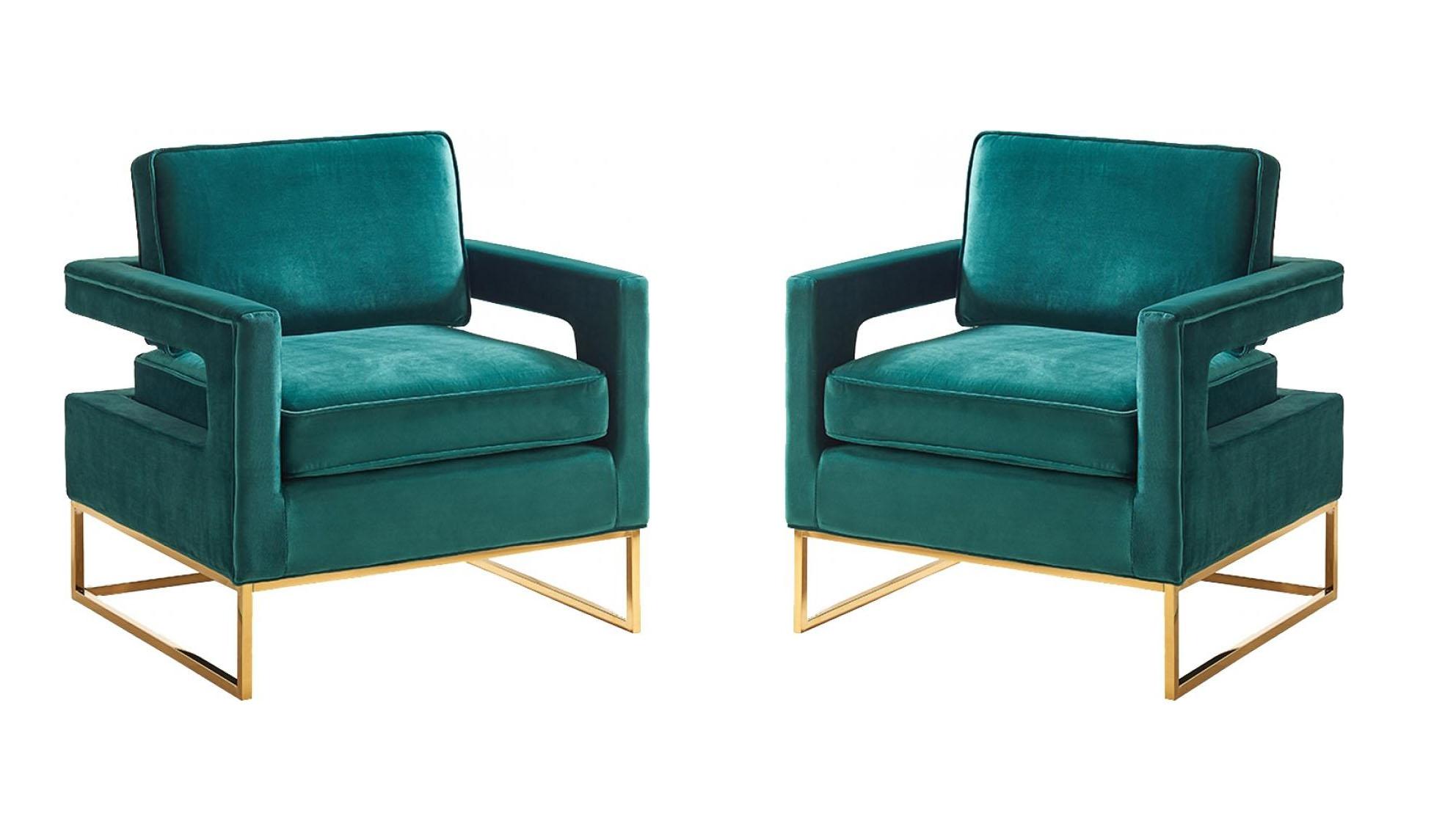 Contemporary, Modern Accent Chair Set Noah 511Green-Set 511Green-Set-2 in Chrome, Green, Gold Velvet