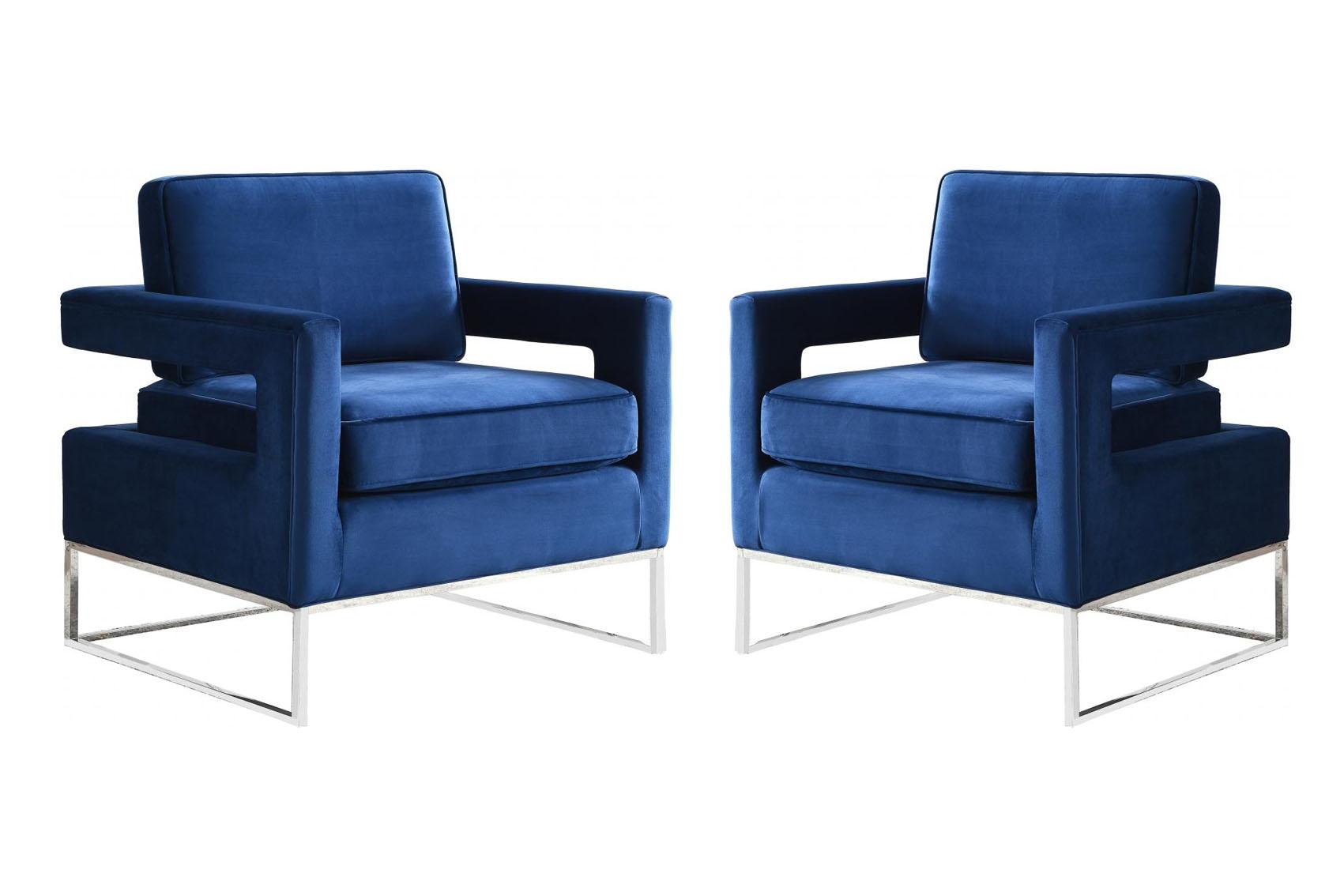 Contemporary, Modern Accent Chair Set Noah 510Navy-Set-2 510Navy-Set-2 in Chrome, Navy blue Velvet