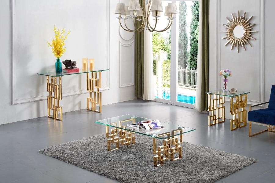 Contemporary, Modern Coffee Table Set Pierre 214-C-Set-3 214-C-Set-3 in Chrome, Gold Glass Top