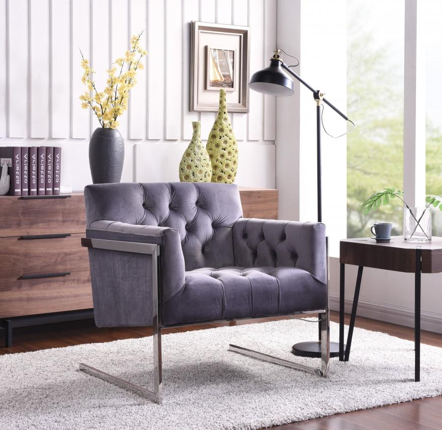 

    
Meridian Furniture Riley Modern Grey Velvet Chrome Steel Base Armchair (Set of 2)

