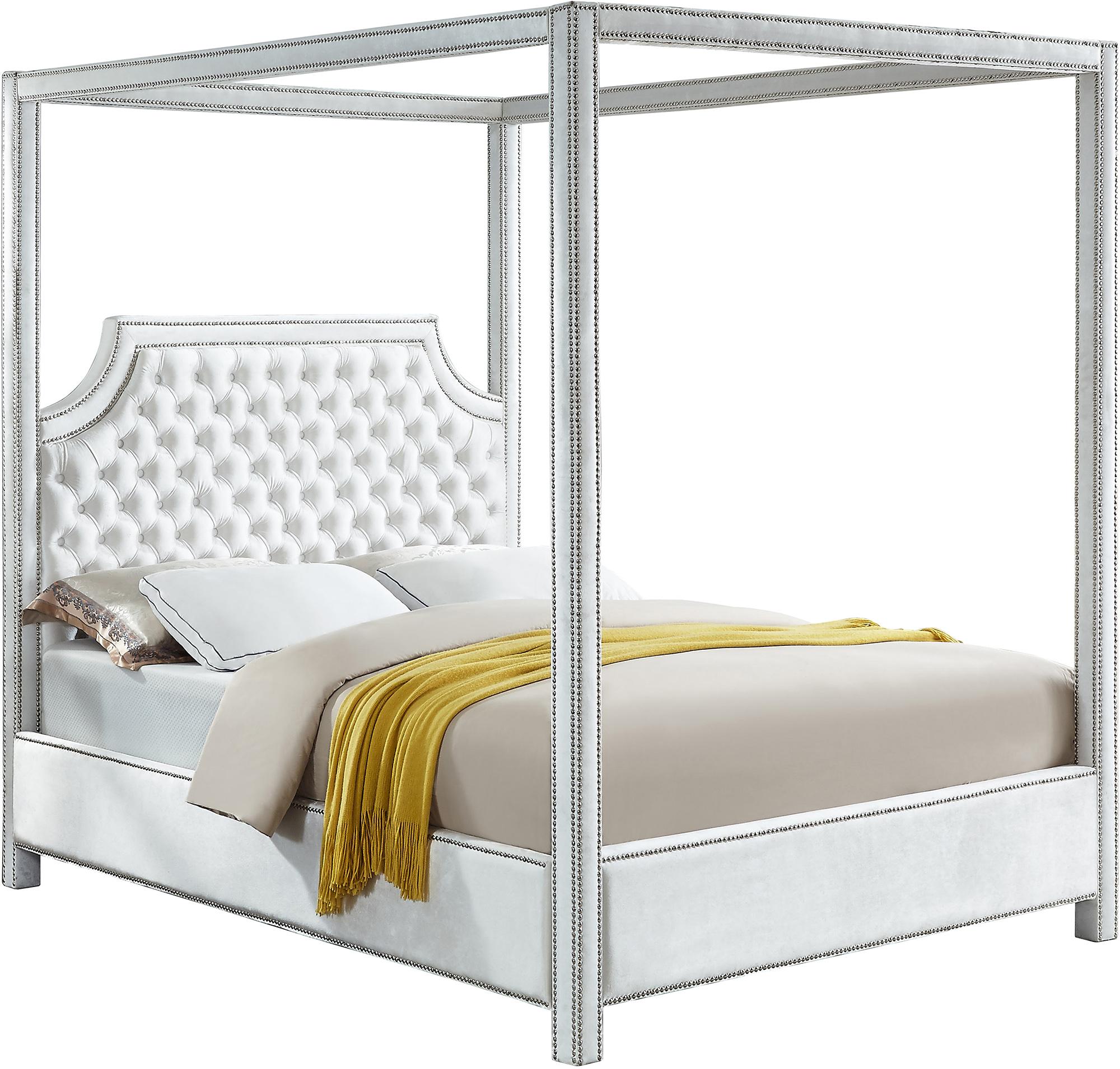 Contemporary Canopy Bed RowanWhite-K RowanWhite-K in White Velvet