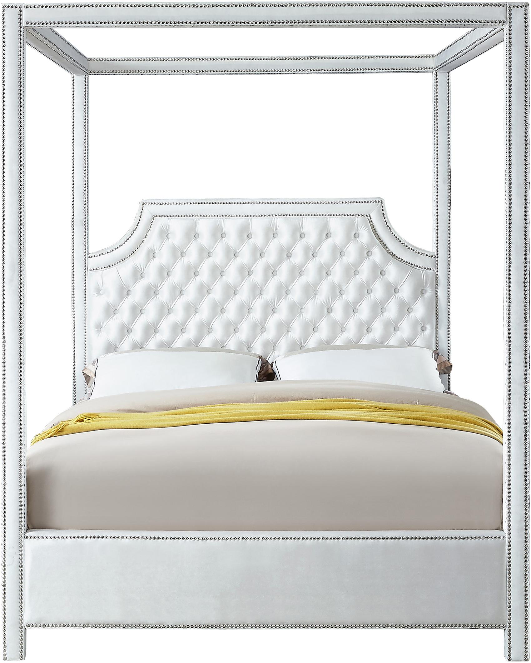 

    
Glam White Velvet Diamond Tufted Canopy Queen Bed Rowan Meridian Contemporary
