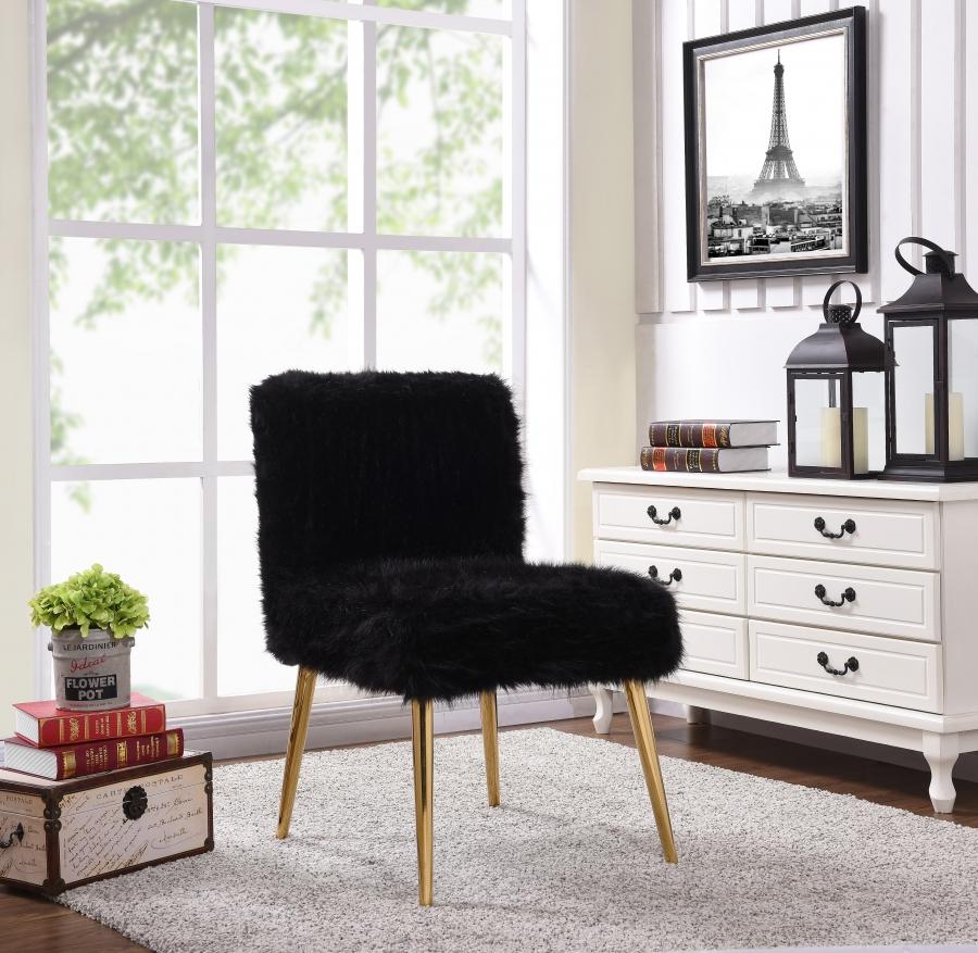 

    
Meridian Furniture 508 Tiffany Modern Plush Black Fur Stainless Gold Legs Chair
