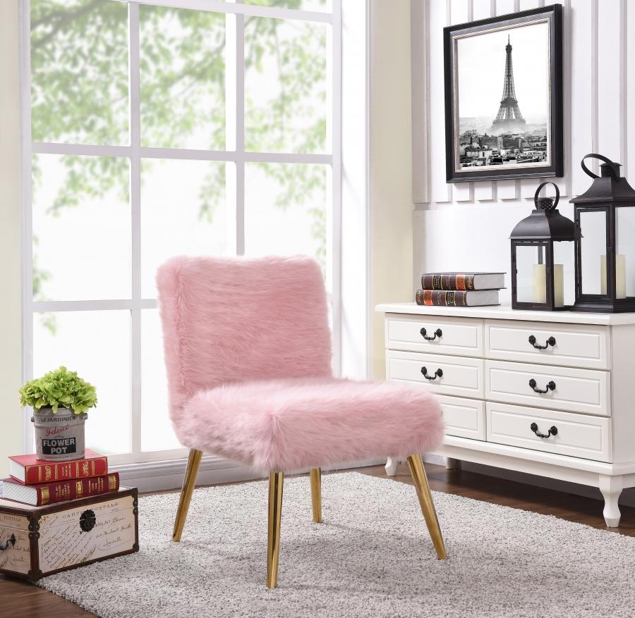 

    
Meridian Furniture 508 Tiffany Modern Plush Pink Fur Stainless Gold Legs Chair
