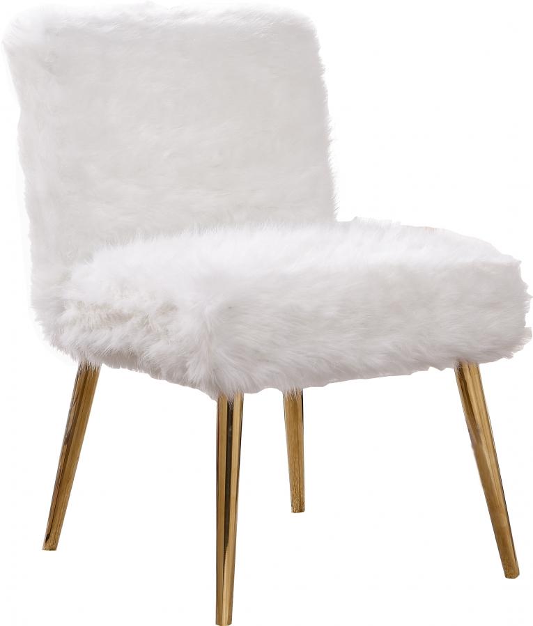 

    
Meridian Furniture 508 Tiffany Modern Plush White Fur Stainless Gold Legs Chair
