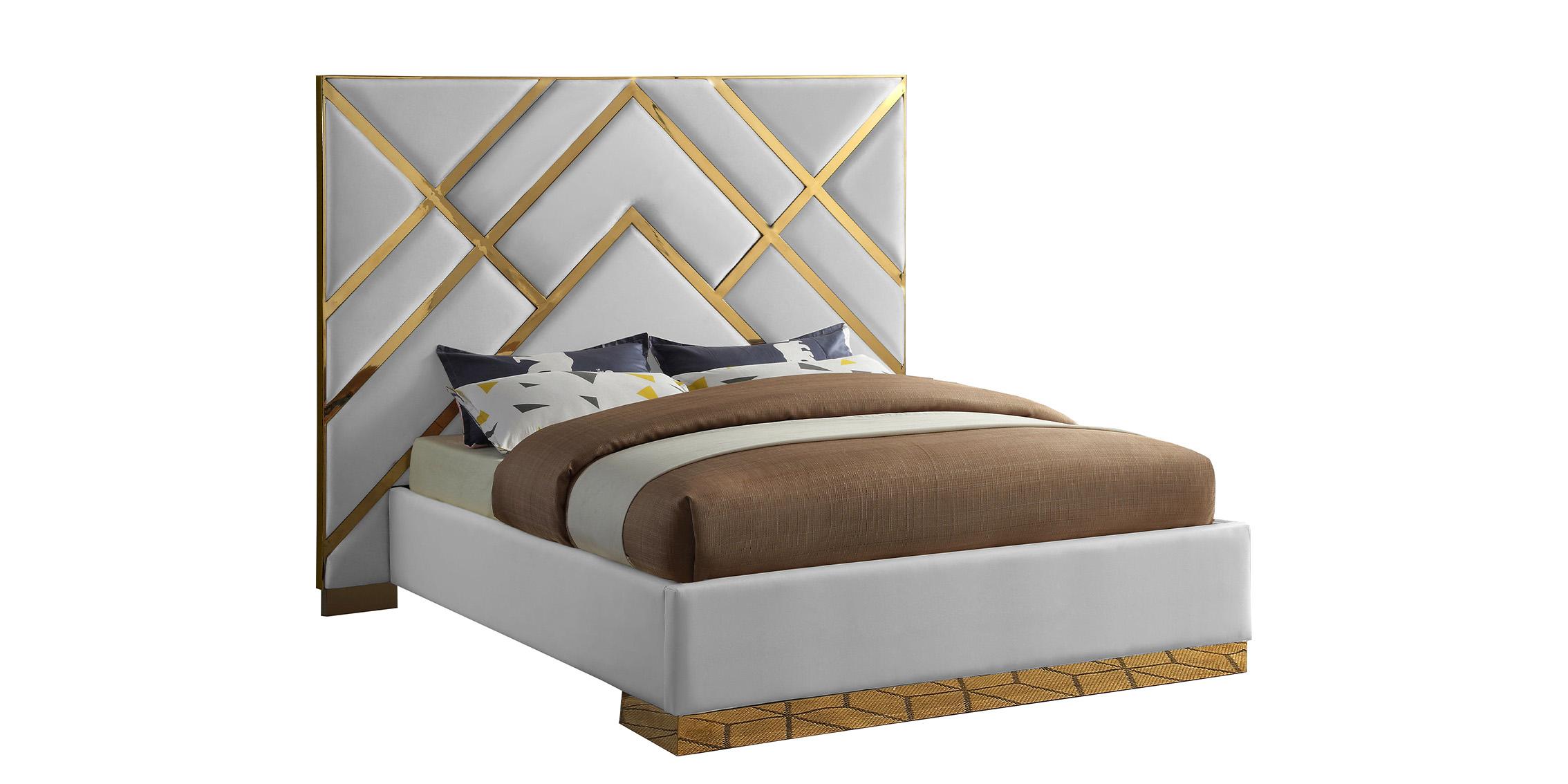 

    
White Faux Leather & Gold Metal Queen Bed VECTOR VectorWhite-Q Meridian Modern
