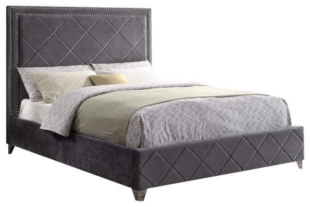 

    
Meridian Hampton King Size Bed in Grey Chrome Nailheads Contemporary Style
