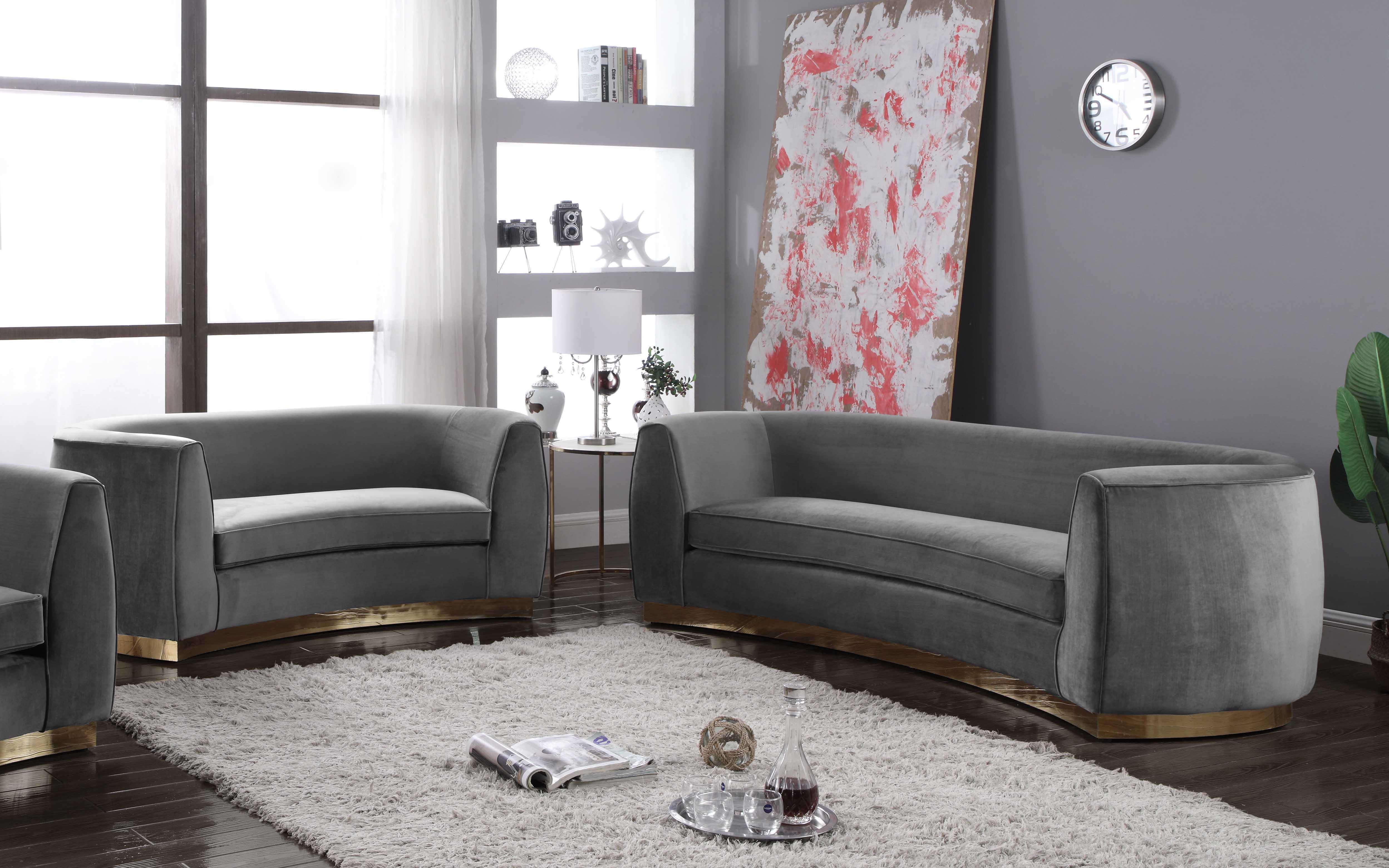 

    
Glam Grey Velvet Sofa Set 2Pcs Julian 620Grey-S Meridian Modern Contemporary
