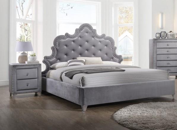 

    
Crystal Tufting Grey Velvet King Size Bedroom Set 3Pcs Meridian Furniture Sophie
