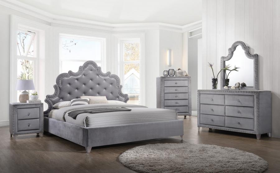 

    
Crystal Tufting Grey Velvet King Size Bedroom Set 5Pcs Meridian Furniture Sophie
