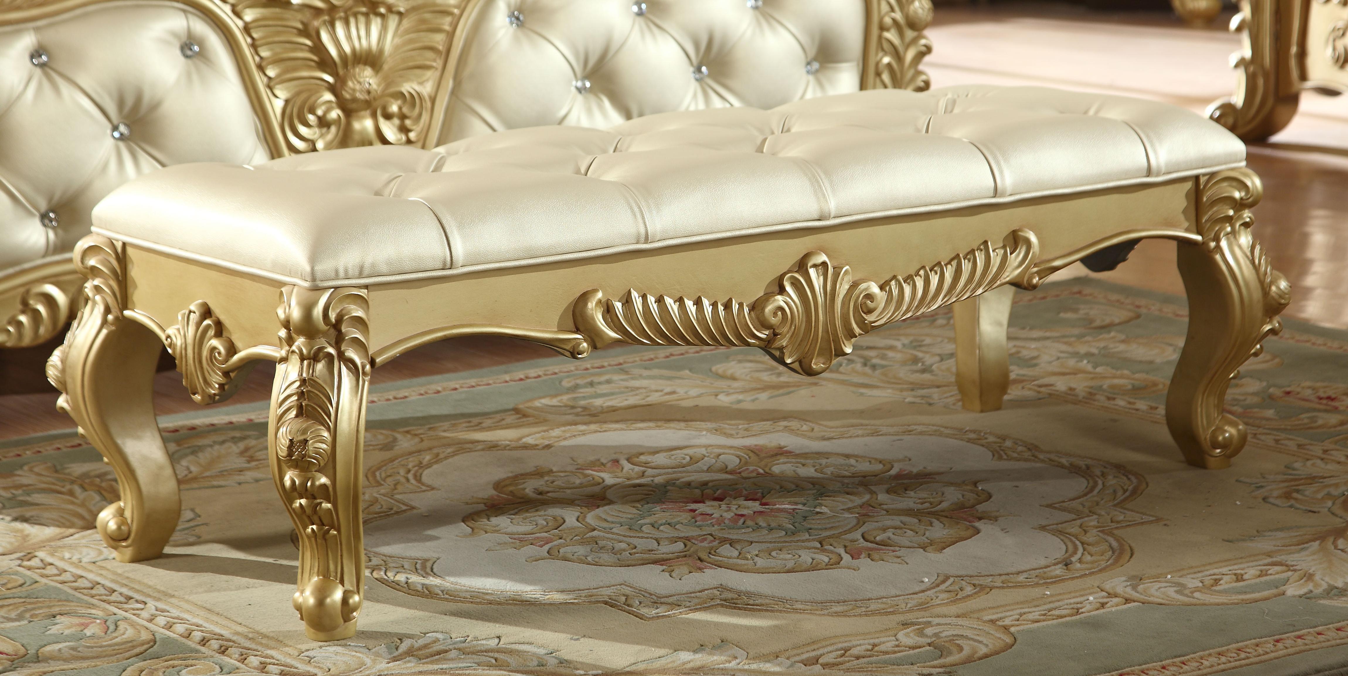 

    
Meridian Zelda Bench in Rich Gold Bonded Leather Traditional Style
