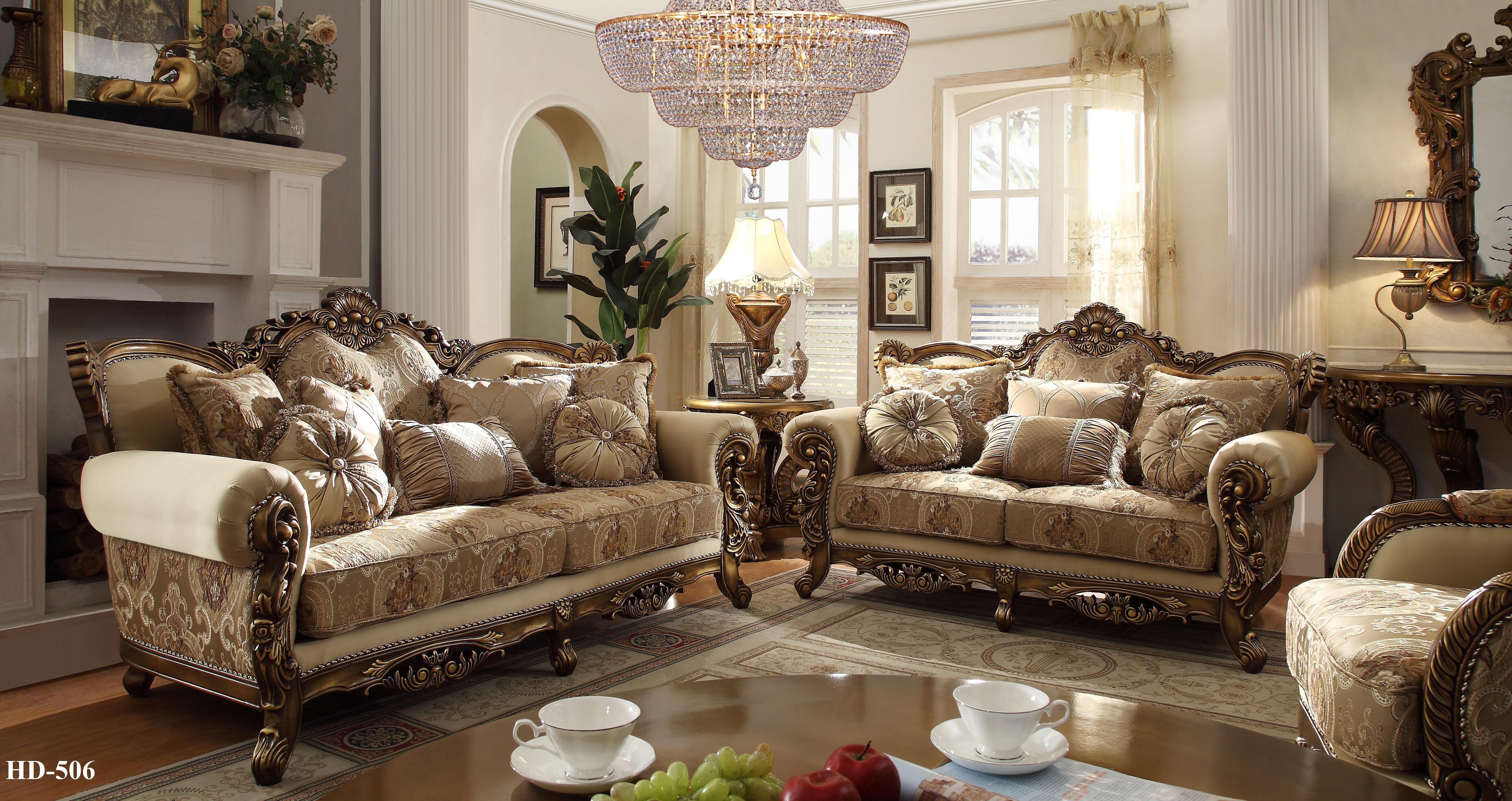 

    
Met Ant Gold & Perfect Brown Sofa Set 5Pcs w/End Tables Traditional Homey Design HD-506

