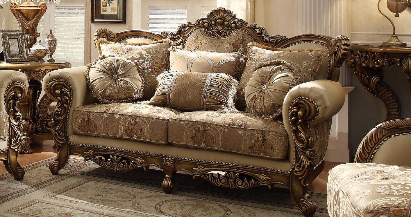 

    
HD-506-5PC Met Ant Gold & Perfect Brown Sofa Set 5Pcs w/End Tables Traditional Homey Design HD-506
