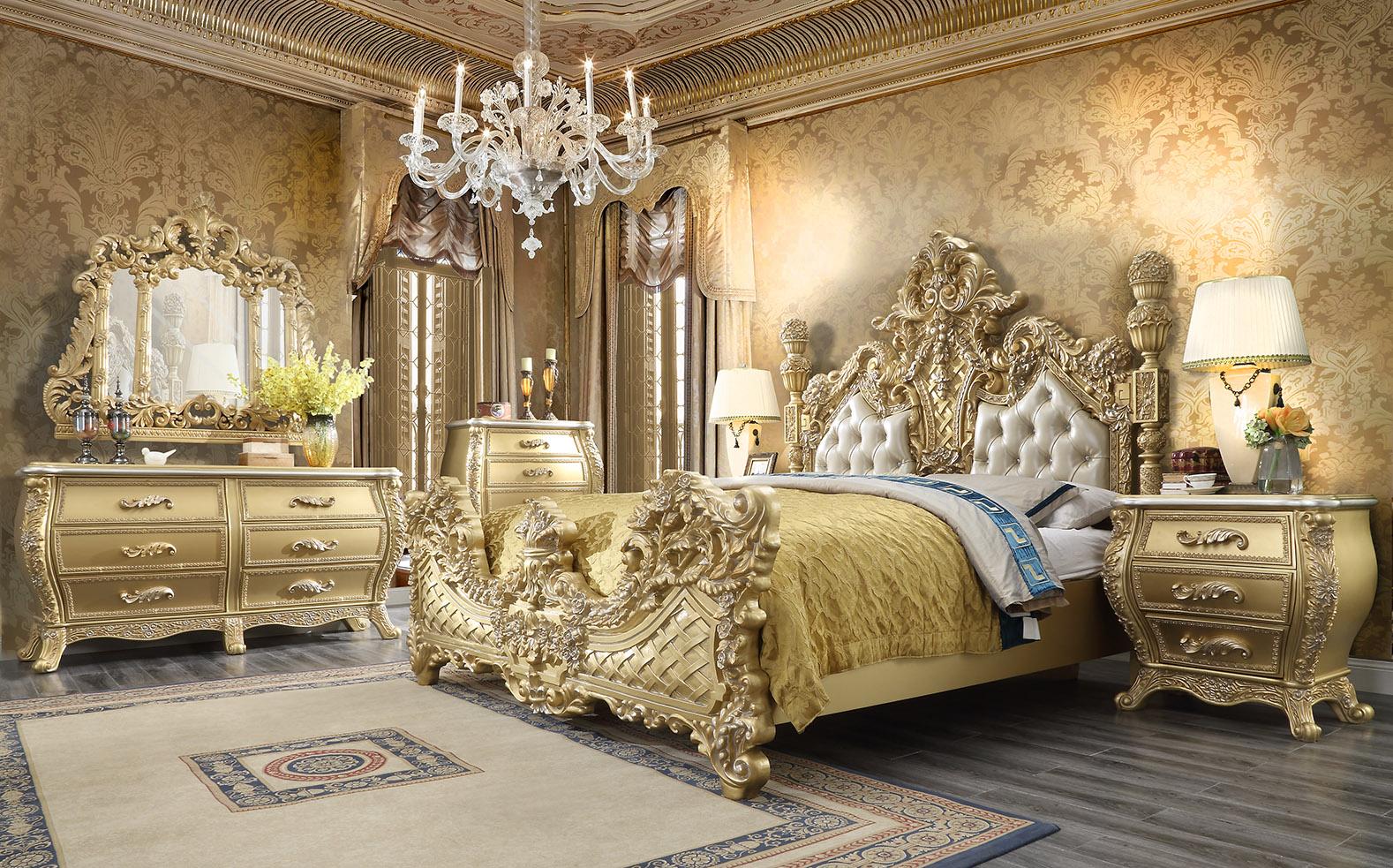 Traditional Panel Bedroom Set HD-1801 HD-1801-BSET5-CK in Metallic, Gold Finish, Antique Leather