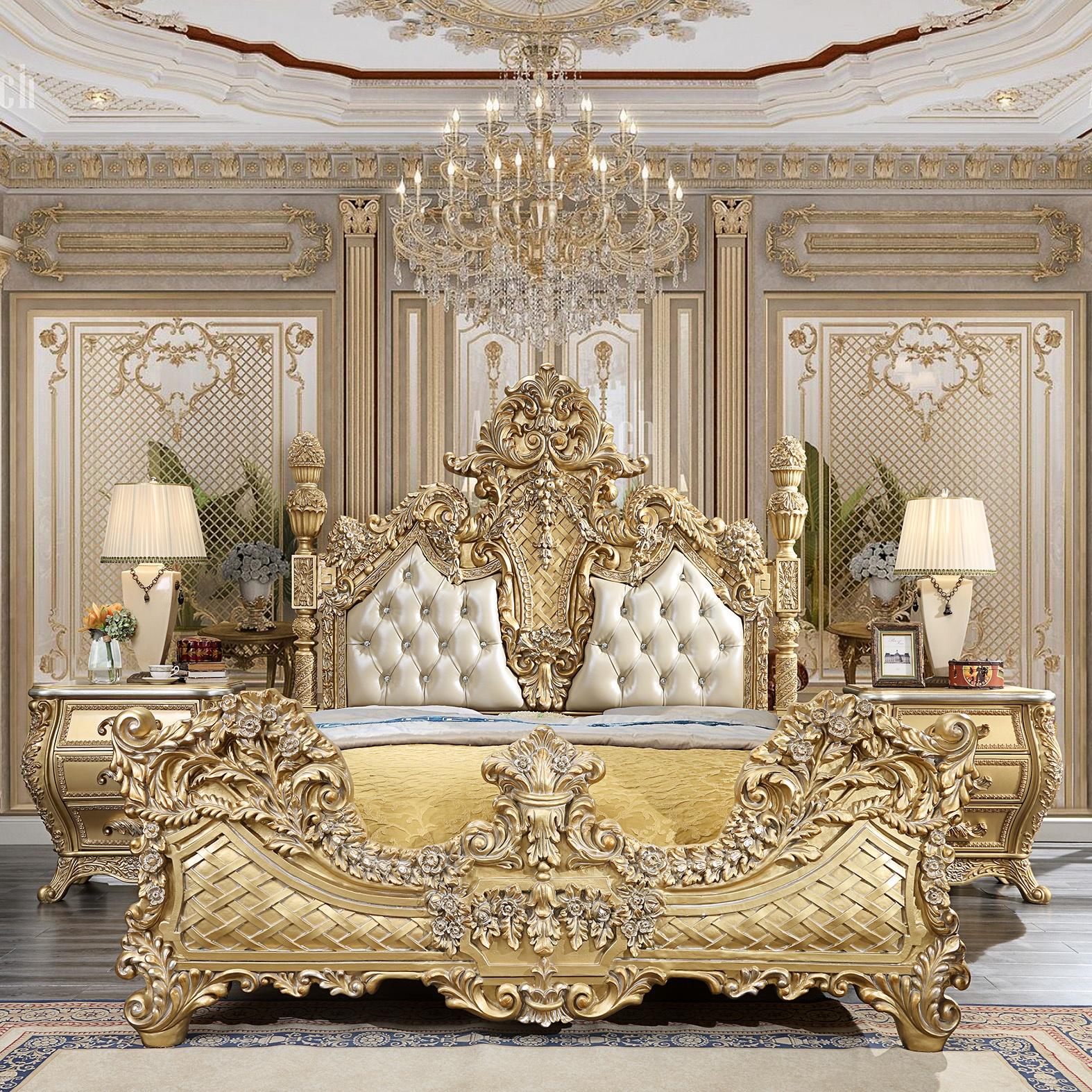 

    
Antique Gold & Leather King Bed Traditional Homey Design HD-1801
