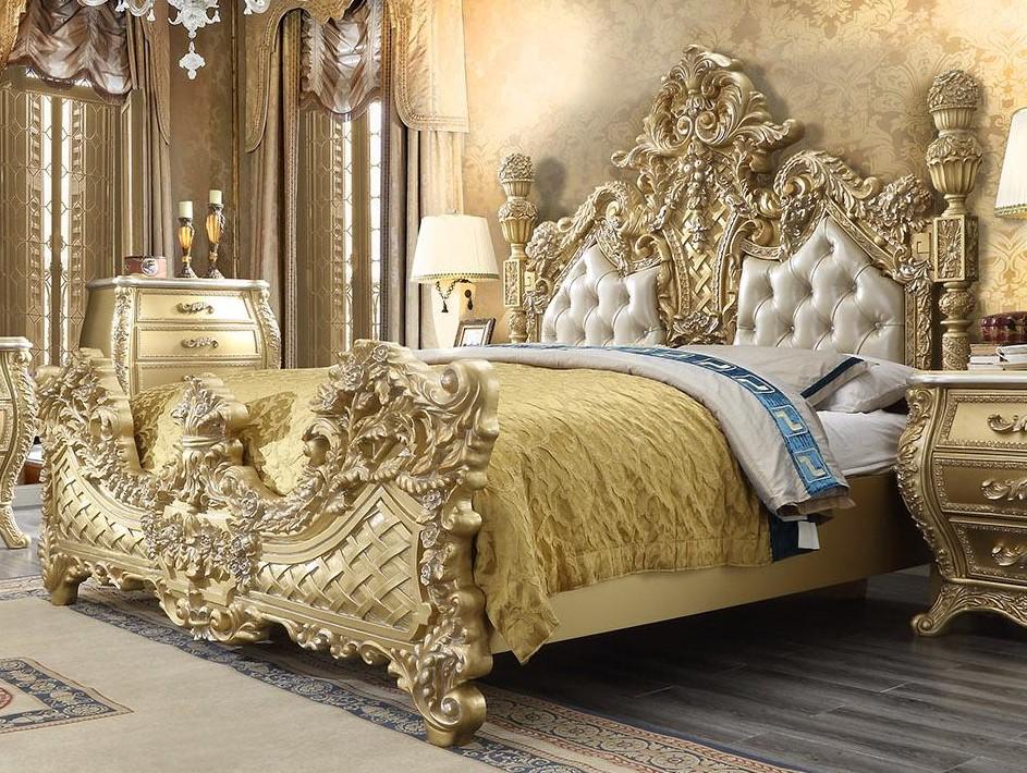 

    
Antique Gold & Leather King Bed Traditional Homey Design HD-1801
