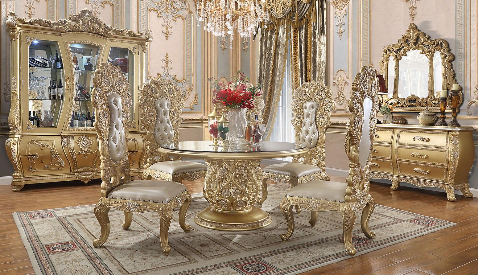 Traditional Dining Room Set HD-1801 HD-1801-5PC-ROUND in Gold Leather