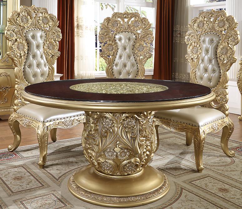

    
Metallic Antique Gold Leather Round Dining Set 5Pcs Traditional Homey Design HD-1801
