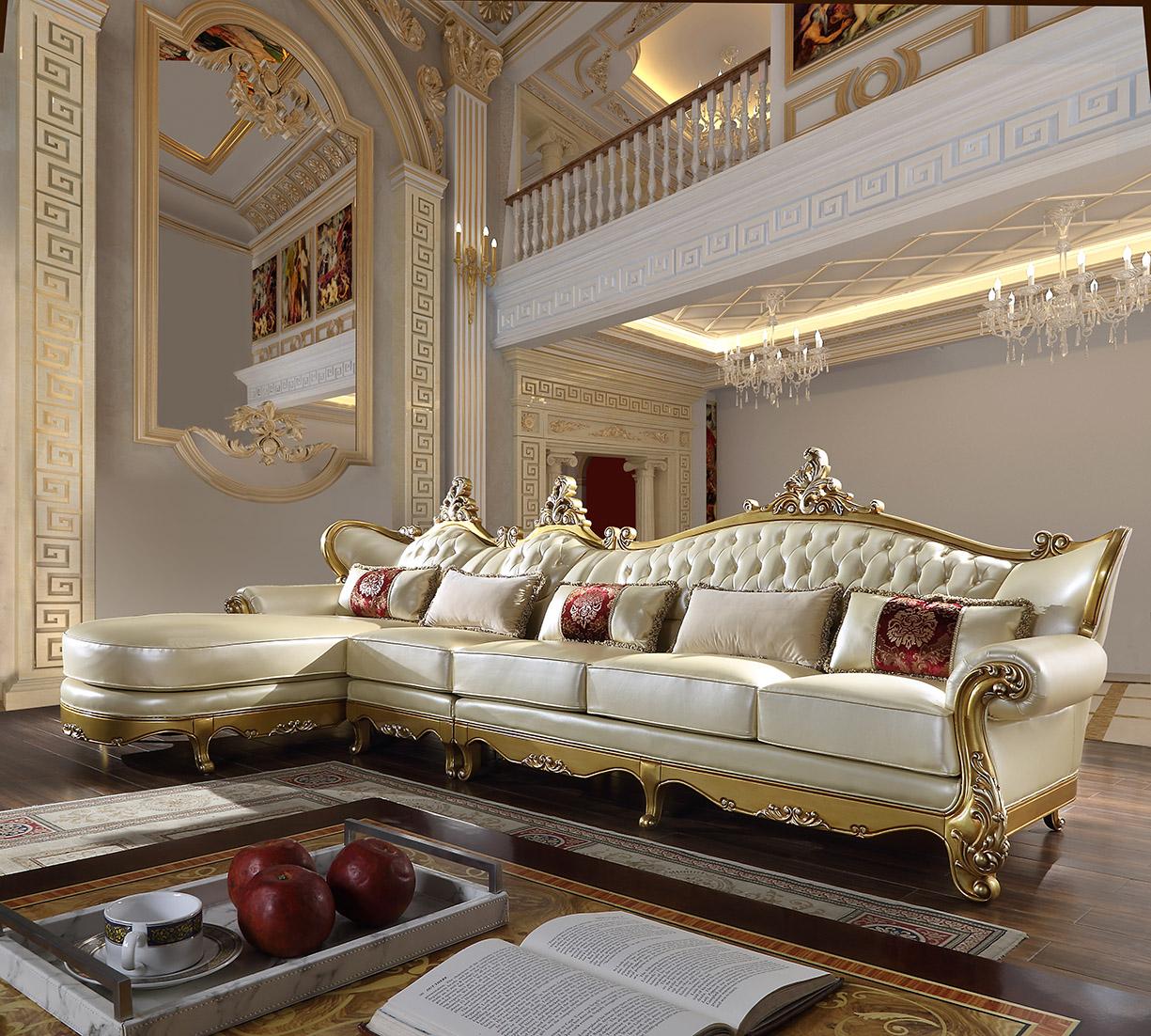 Traditional Sectional Sofa HD-SEC132 HD-SEC132 in Gold Finish, White Leather