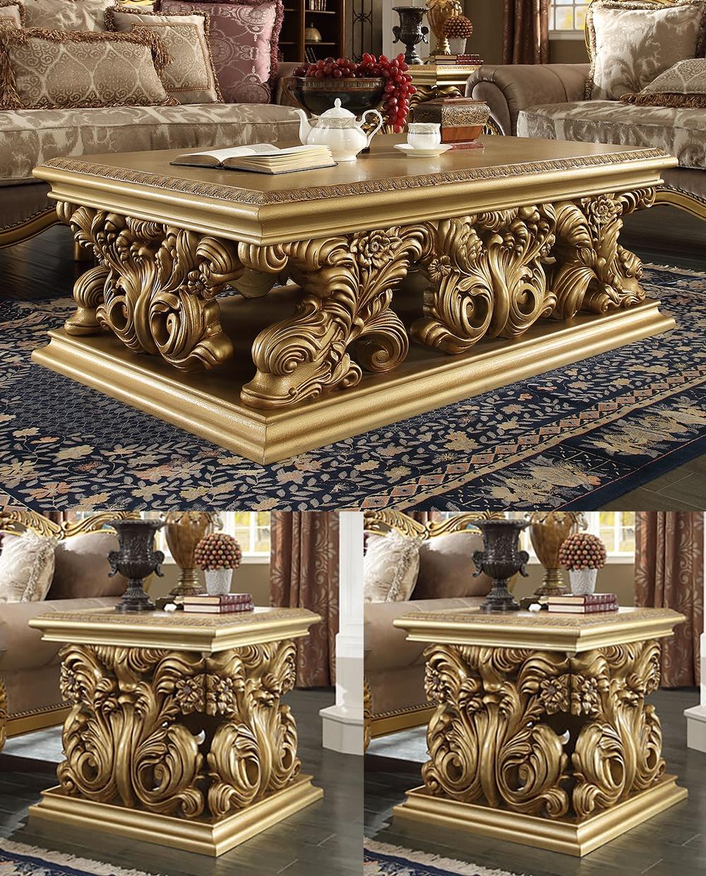 Traditional Coffee Table Set HD-8016 HD-8016-CTSET3 in Gold Finish 