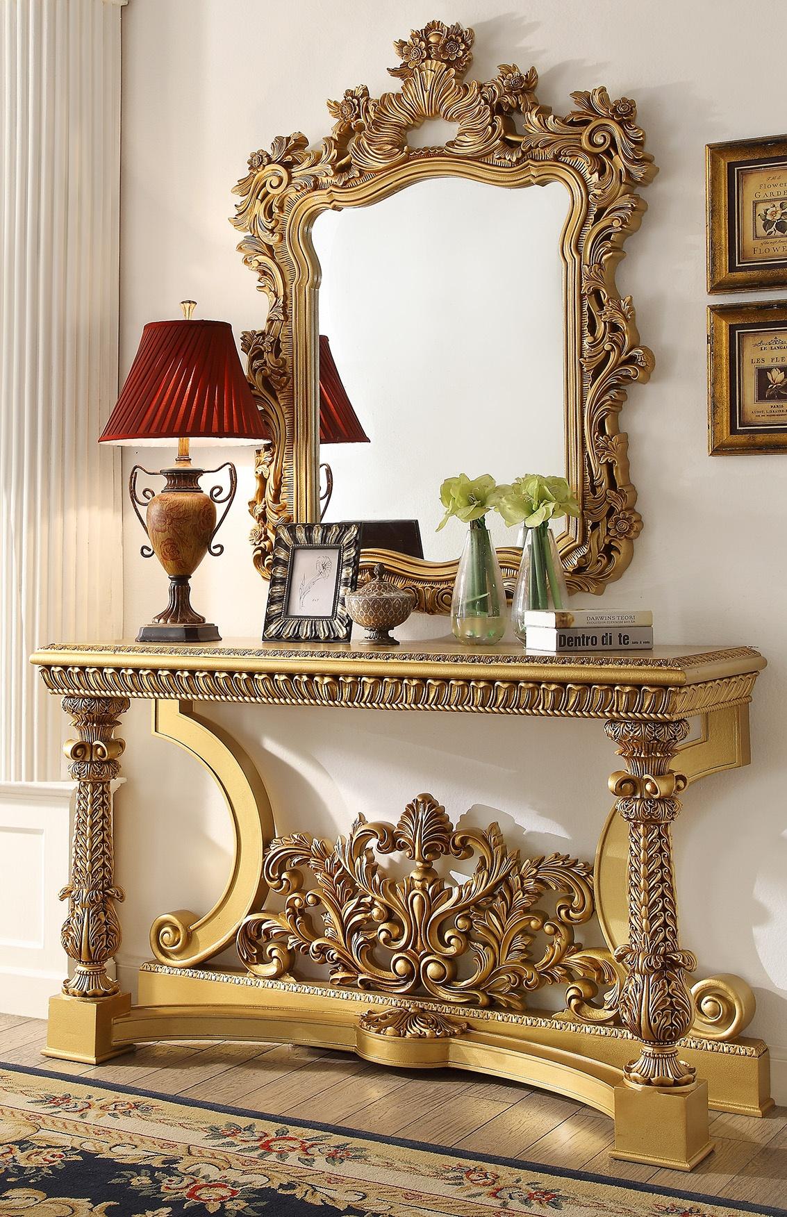 

    
Metallic Bright Gold Finish Console Table & Mirror Traditional Homey Design HD-8016
