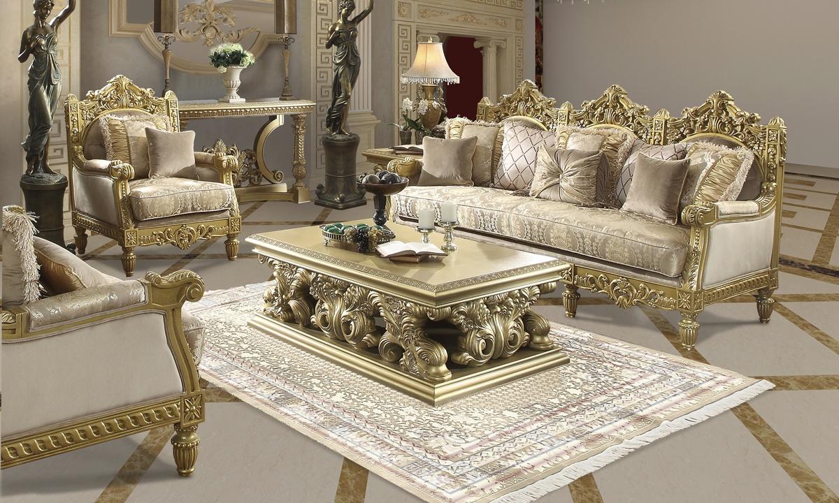 Traditional Sofa and Loveseat HD-2659 HD-2659-2PC in Metallic, Gold Finish Fabric