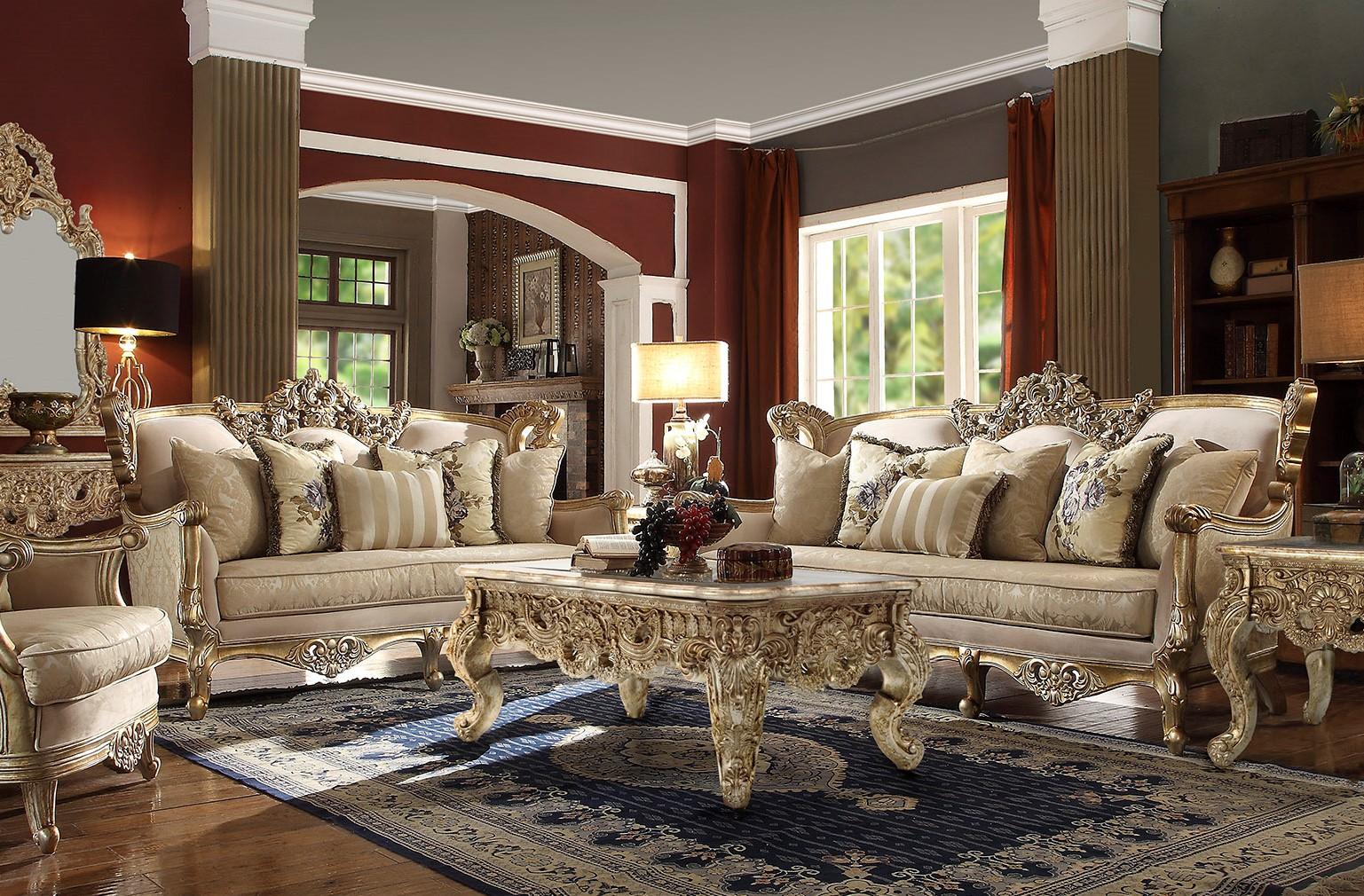 Traditional Sofa and Loveseat Set HD-04 HD-04-2-PC in Metallic, Gold Fabric