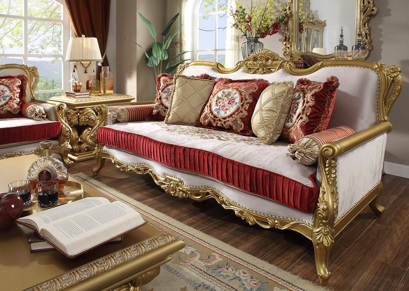 

    
Metallic Bright Gold Sofa Set 2Pcs Traditional Carved Wood Homey Design HD-31
