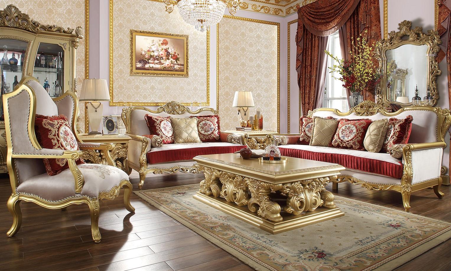 

    
Metallic Bright Gold Sofa Set 4Pcs w/Coffee Table Traditional Carved Wood Homey Design HD-31
