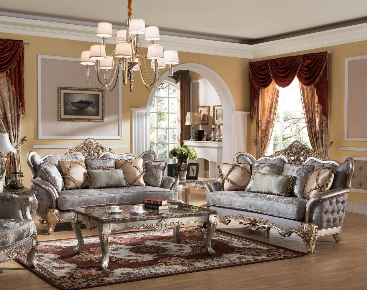 Traditional Sofa and Loveseat Set Oprah Oprah-Set-2 in Metallic Fabric