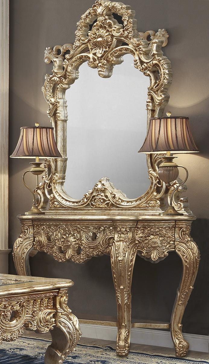 

    
Metallic Gold & Silver Blend Console Table & Mirror Traditional Homey Design HD-998G
