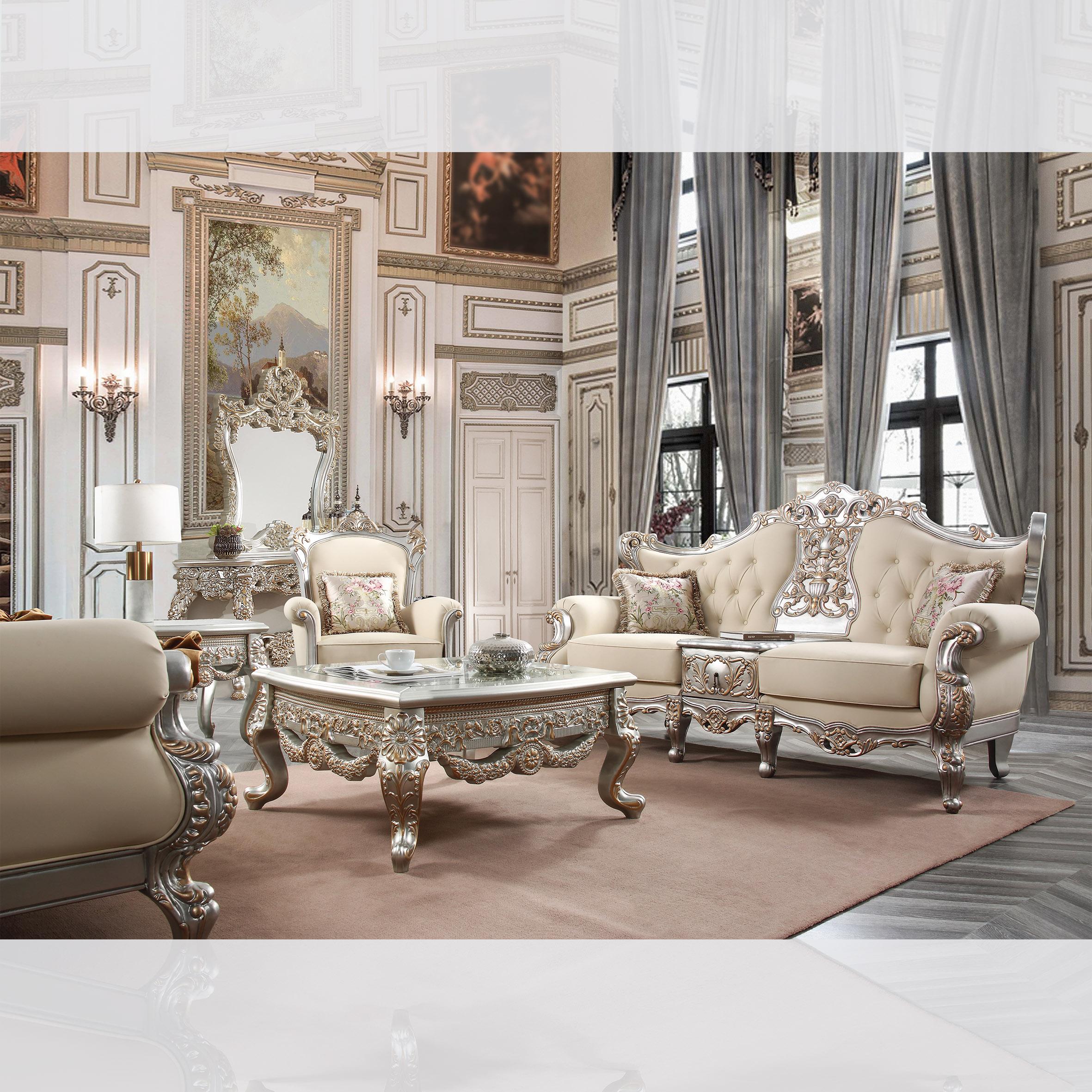 

    
Metallic Silver & Beige Leather French Salon Sofa Set 3Pcs Homey Design HD-91633
