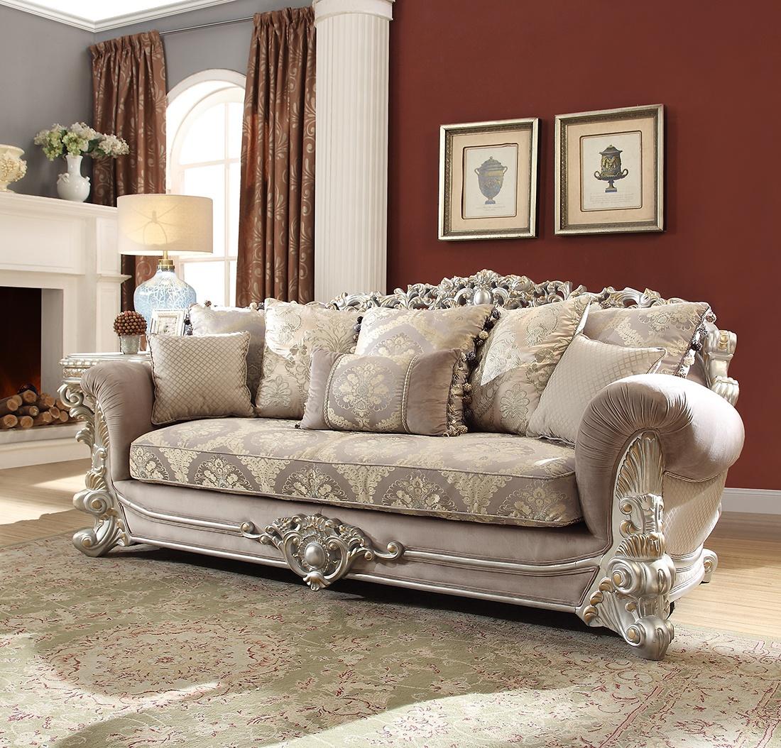 

    
Metallic Silver Sofa Carved Wood Traditional Homey Design HD-372

