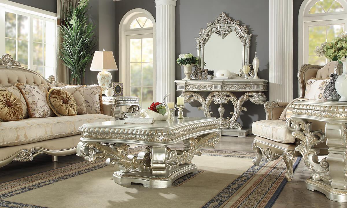 

                    
Buy Metallic Silver Sofa Set 6Pcs w/ Coffee Table Set Traditional Homey Design HD-372
