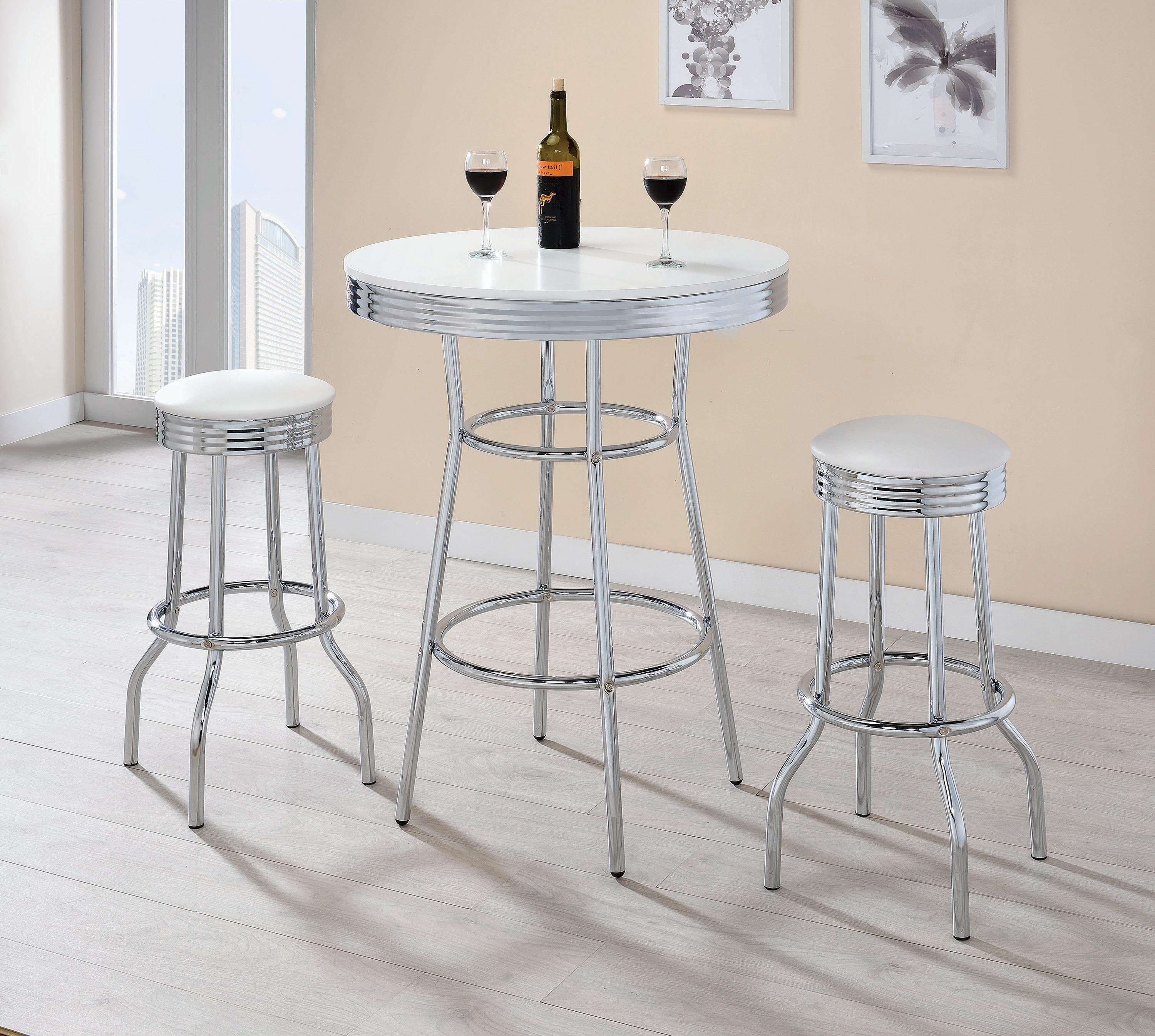 

    
Mid-century Modern Chrome & Glossy White Metal Bar Table Set 3pcs Coaster 2300-S3
