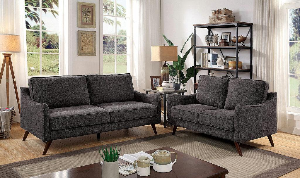 

    
Mid-Century Modern Gray Linen-like Fabric Sofa and Loveseat Furniture of America Maxime
