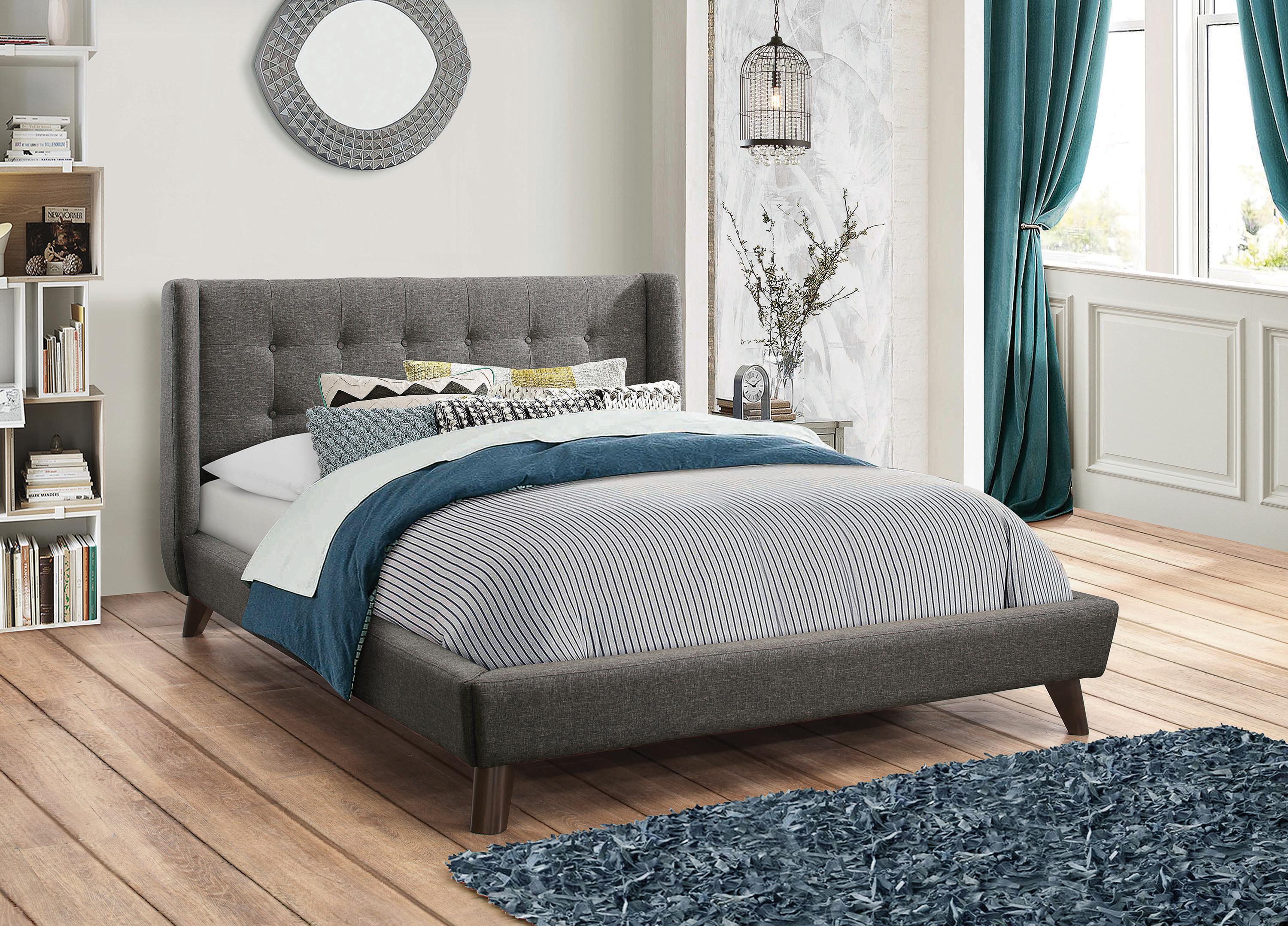 

    
Mid-century Modern Gray Woven Fabric Queen Bed Coaster 301061Q Carrington
