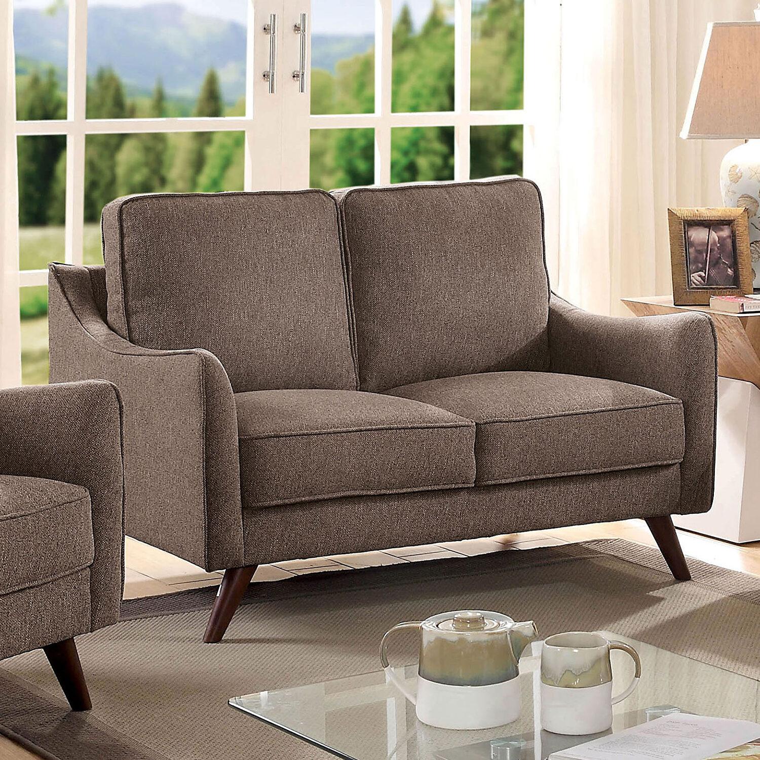 

    
Mid-Century Modern Light Brown Linen-like Fabric Loveseat Furniture of America CM6971BR-LV Maxime

