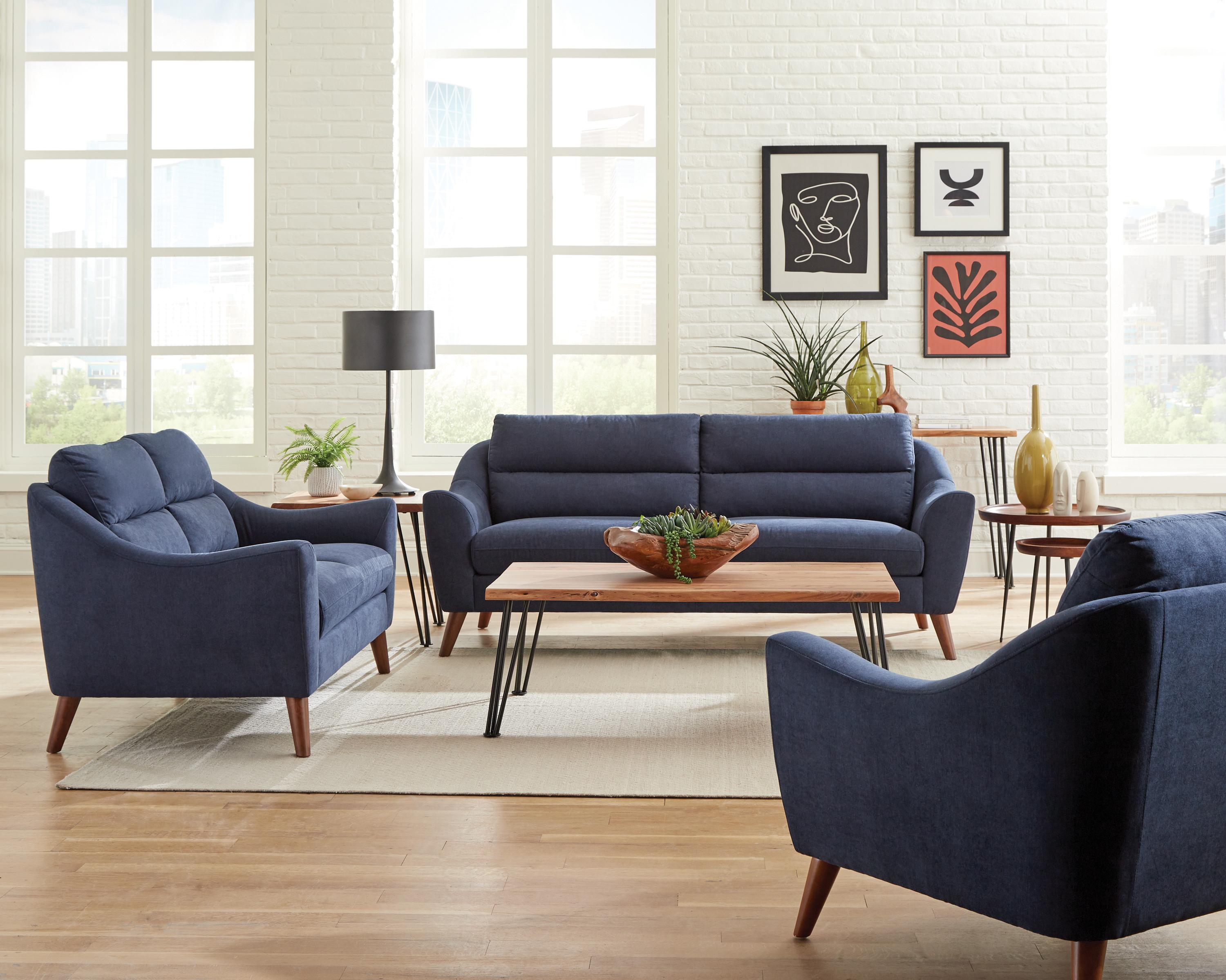 

    
Mid-century Modern Navy Blue Woven Fabric Living Room Set 2pcs Coaster 509514-S2 Gano
