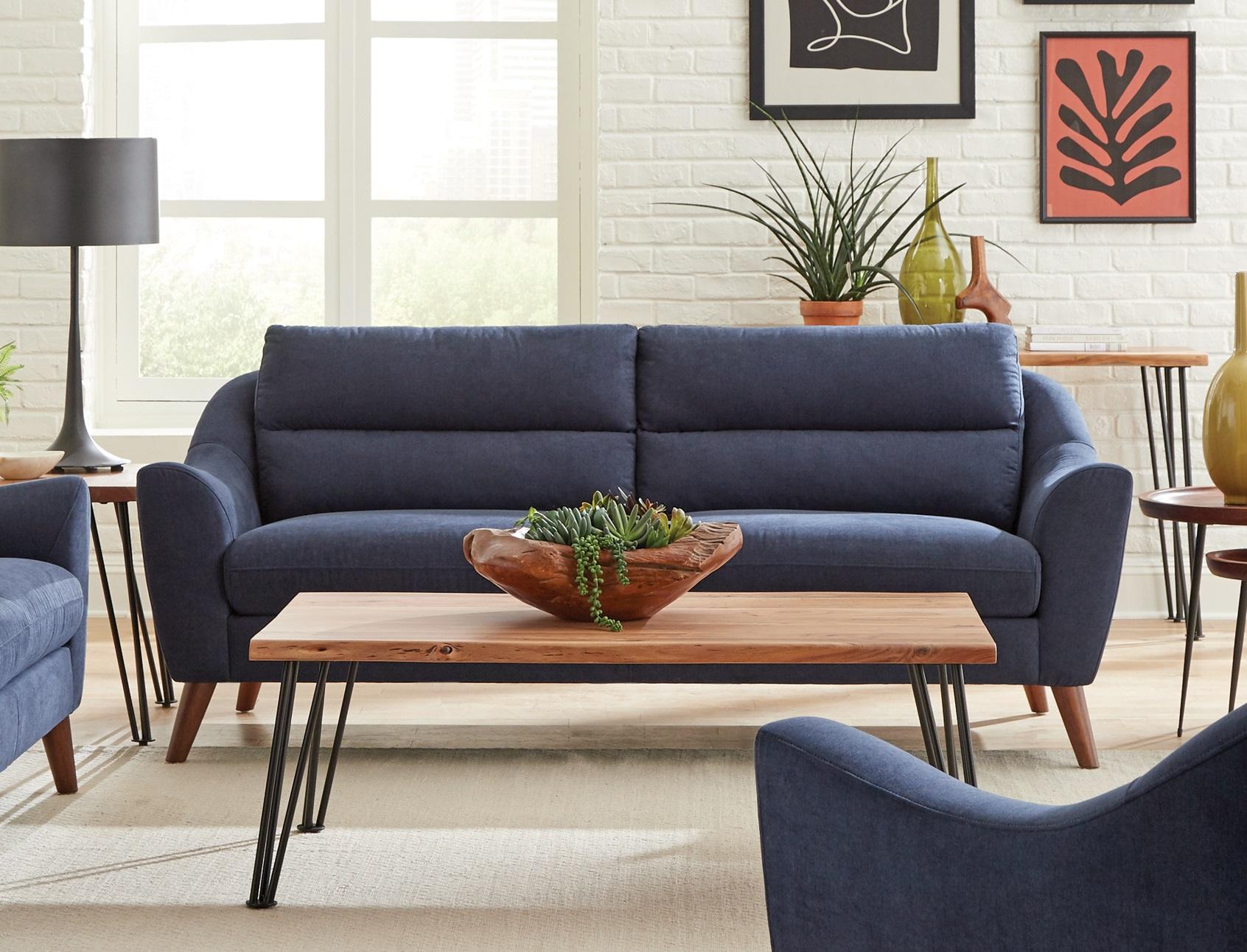 

    
Mid-century Modern Navy Blue Woven Fabric Living Room Set 2pcs Coaster 509514-S2 Gano

