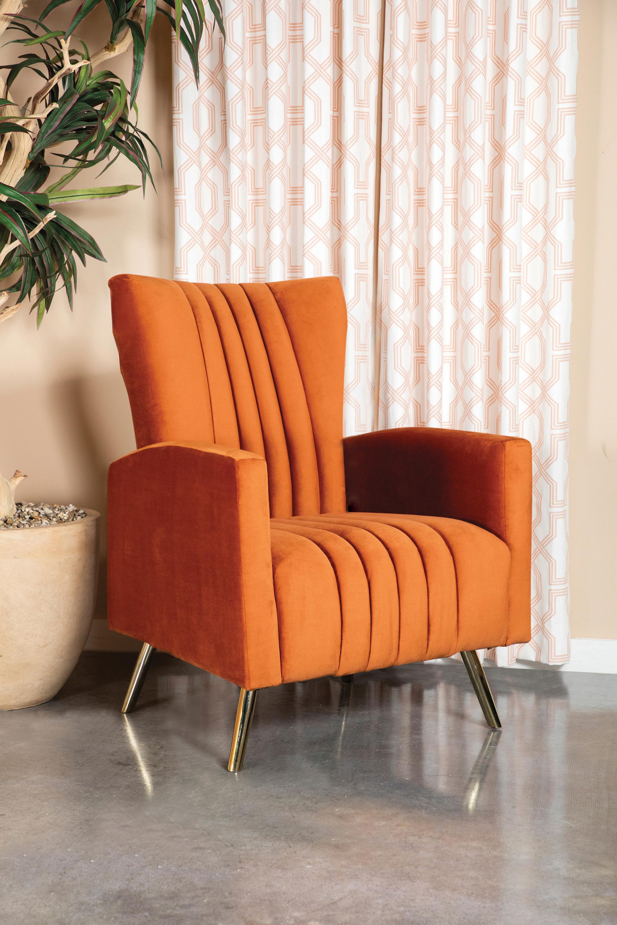 

    
Mid-century Modern Rust Velvet Accent Chair Coaster 905605
