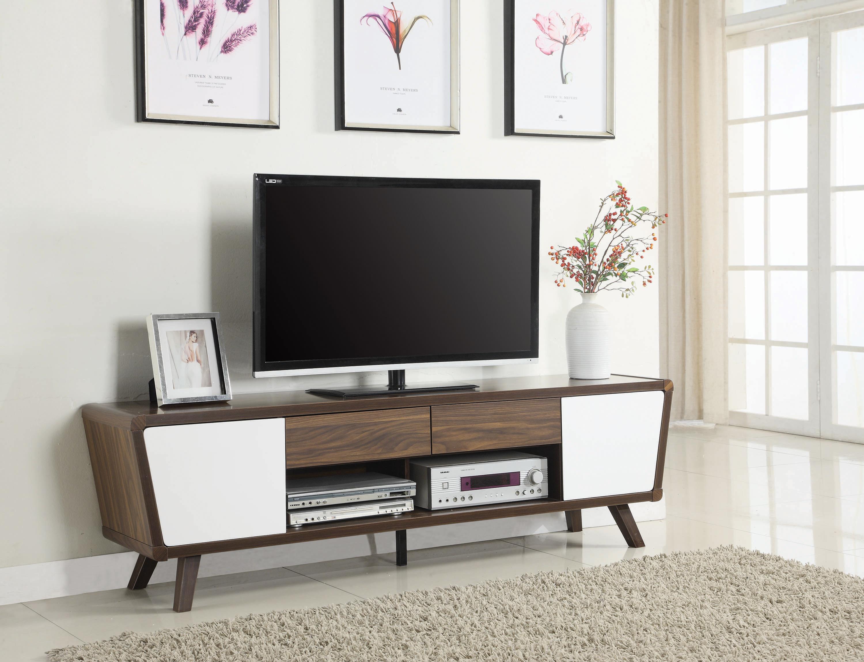 

    
Mid-century Modern Walnut & Glossy White Wood TV Console Coaster 700793
