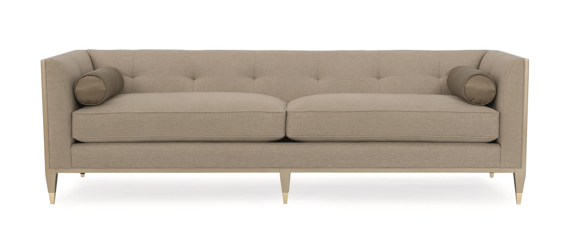 

    
Mid-Century Style Light Fawn Tweed Sofa SOFT LANDING by Caracole
